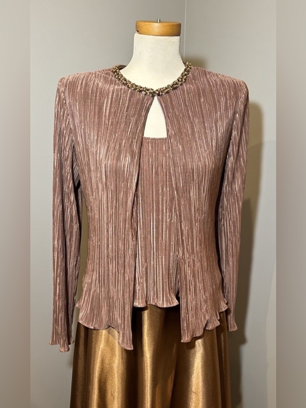 Vintage Coldwater Creek Dusty Rose Pleated Knit Cardigan Beaded Neckline M